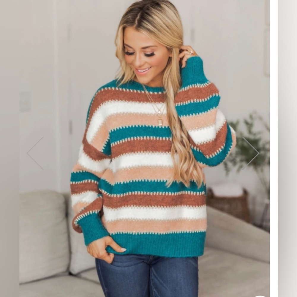 Pink Lily- Teal Striped Sweater- Size Medium